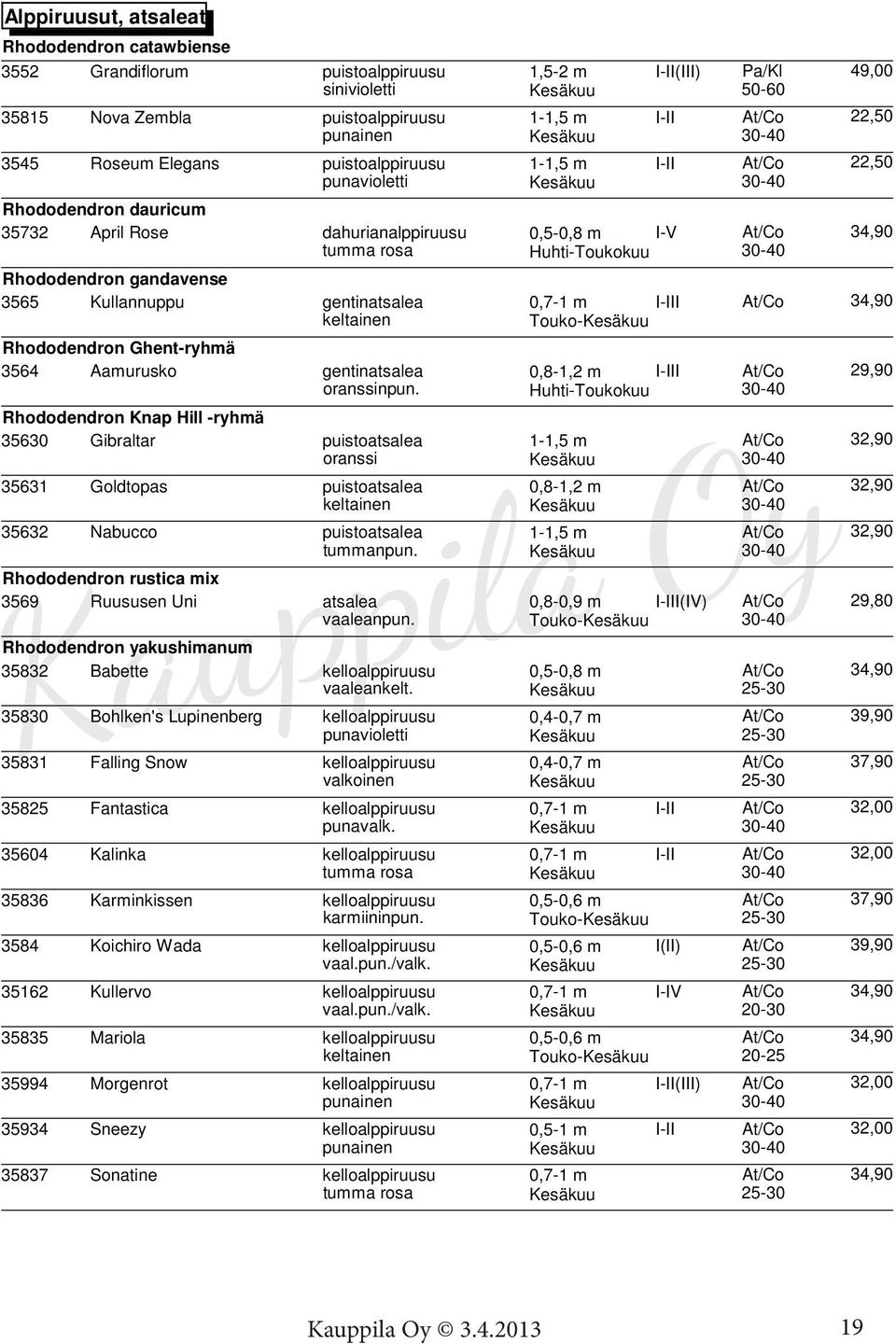 gandavense 3565 Kullannuppu gentinatsalea 0,7-1 m I-III At/Co 34,90 keltainen Touko- Rhododendron Ghent-ryhmä 3564 Aamurusko gentinatsalea 0,8-1,2 m I-III At/Co 29,90 oranssinpun.