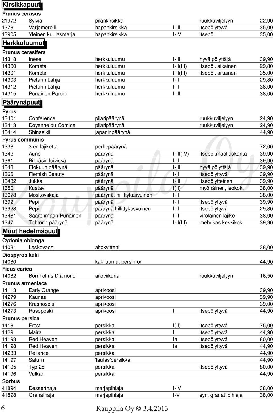 aikainen 35,00 14303 Pietarin Lahja herkkuluumu I-II 29,80 14312 Pietarin Lahja herkkuluumu I-II 38,00 14315 Punainen Paroni herkkuluumu I-III 38,00 Päärynäpuut Pyrus 13401 Conference pilaripäärynä