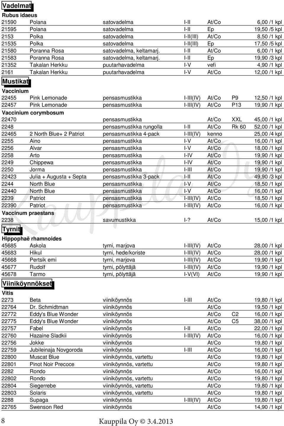 I-II Ep 19,90 /3 kpl 21352 Takalan Herkku puutarhavadelma I-V vefi 4,90 /1 kpl 2161 Takalan Herkku puutarhavadelma I-V At/Co 12,00 /1 kpl Mustikat Vaccinium 22455 Pink Lemonade pensasmustikka