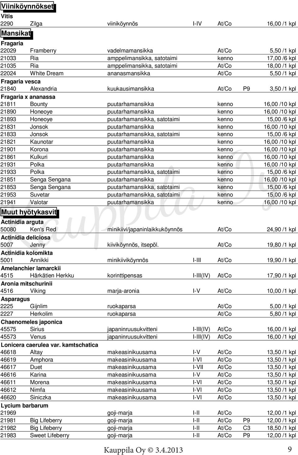 puutarhamansikka kenno 16,00 /10 kpl 21890 Honeoye puutarhamansikka kenno 16,00 /10 kpl 21893 Honeoye puutarhamansikka, satotaimi kenno 15,00 /6 kpl 21831 Jonsok puutarhamansikka kenno 16,00 /10 kpl