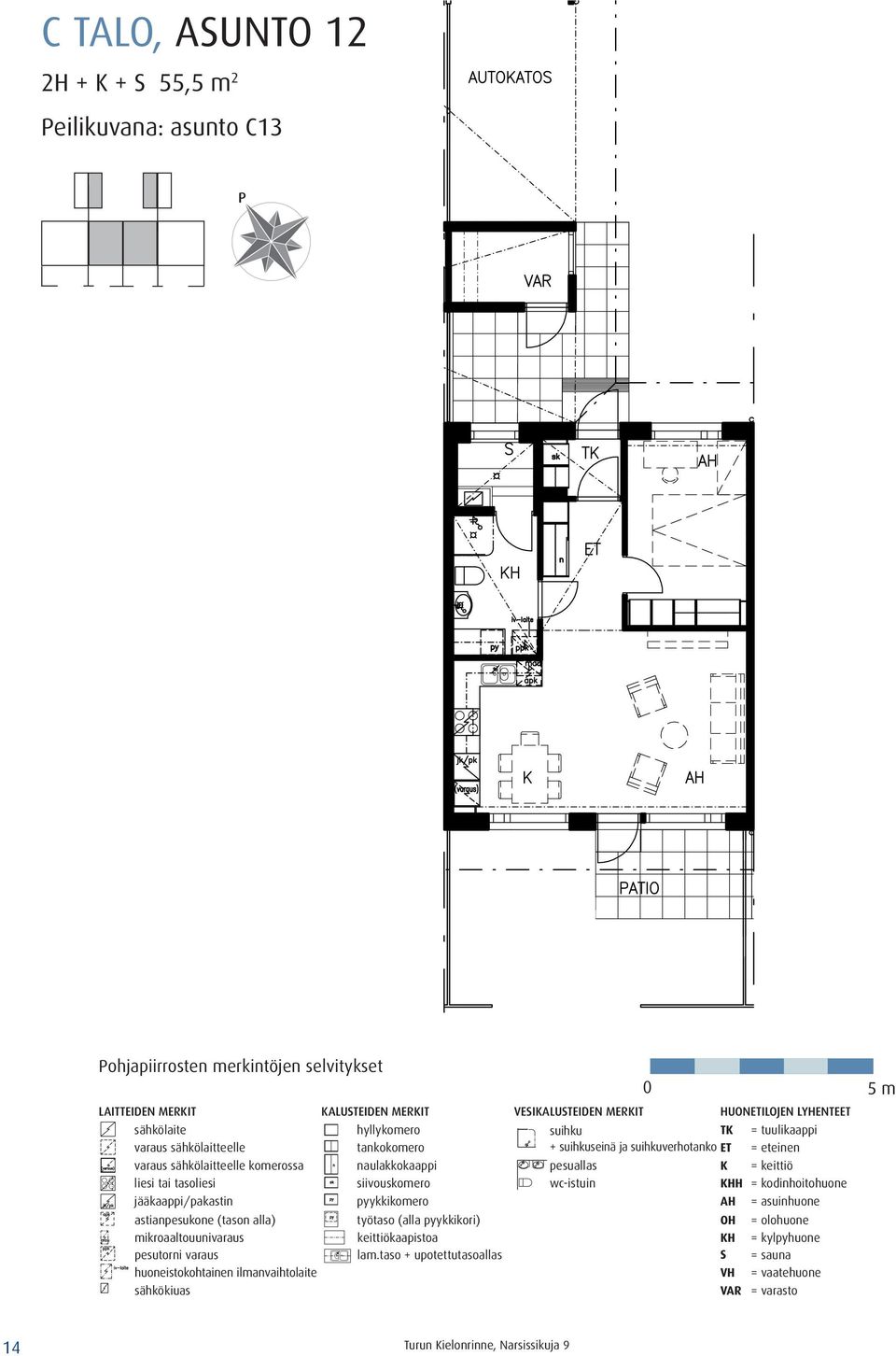 pesuallas K = keittiö liesi tai tasoliesi siivouskomero wc-istuin KHH = kodinhoitohuone jääkaappi/pakastin pyykkikomero AH = asuinhuone astianpesukone (tason alla) työtaso (alla pyykkikori)