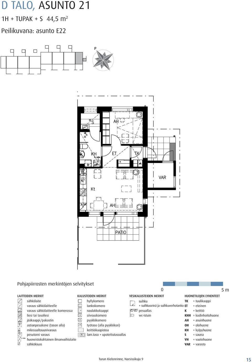 pesuallas K = keittiö liesi tai tasoliesi siivouskomero wc-istuin KHH = kodinhoitohuone jääkaappi/pakastin pyykkikomero AH = asuinhuone astianpesukone (tason alla) työtaso (alla pyykkikori)