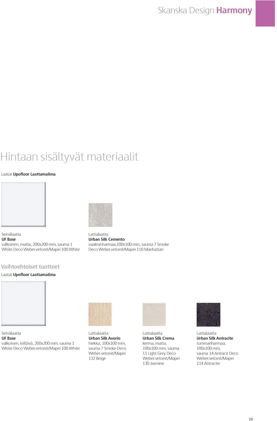 vetonit/Mapei 110 Manhattan Vaihtoehtoiset tuotteet Laatat Upofloor Laattamailma Seinälaatta UF Base valkoinen, kiiltävä, 200x200 mm, sauma 1 White Deco Weber.