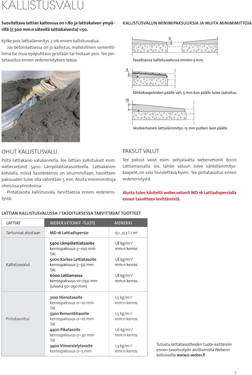 KALLISTUSVALUN MINIMIPAKSUUKSIA JA MUITA MINIMIMITTOJA Tavallisessa kallistusvalussa minimi 5 mm. Sähkökaapeleiden päälle väh. 5 mm kun päälle tulee laatoitus.