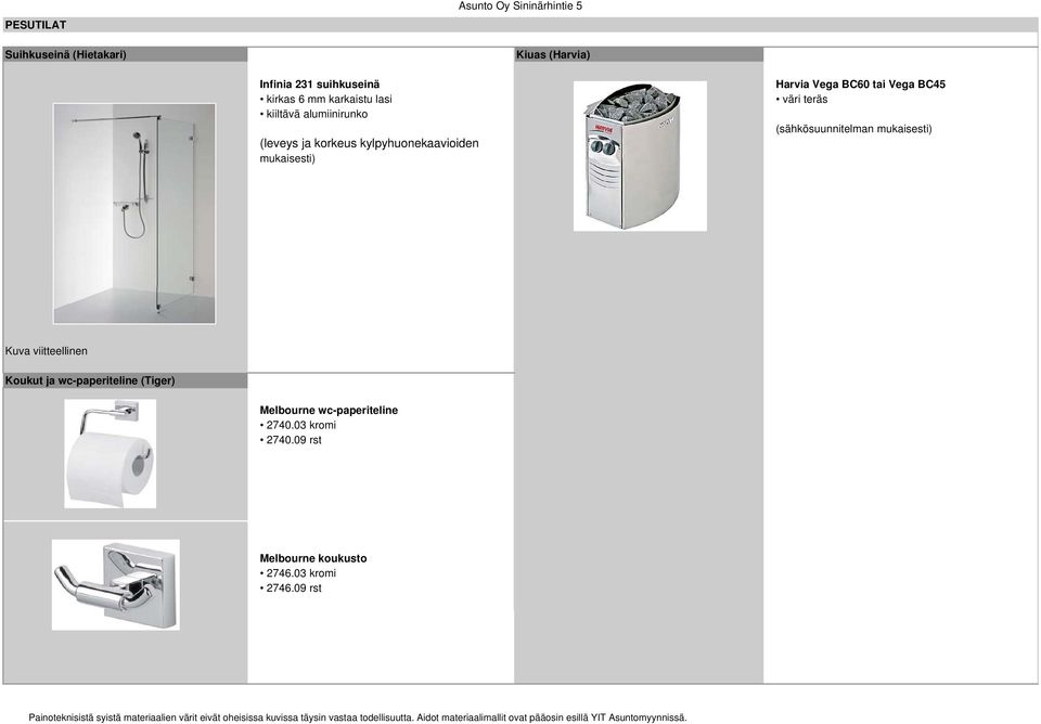 kylpyhuonekaavioiden mukaisesti) Kiuas (Harvia) Harvia Vega BC60 tai Vega BC45 väri teräs