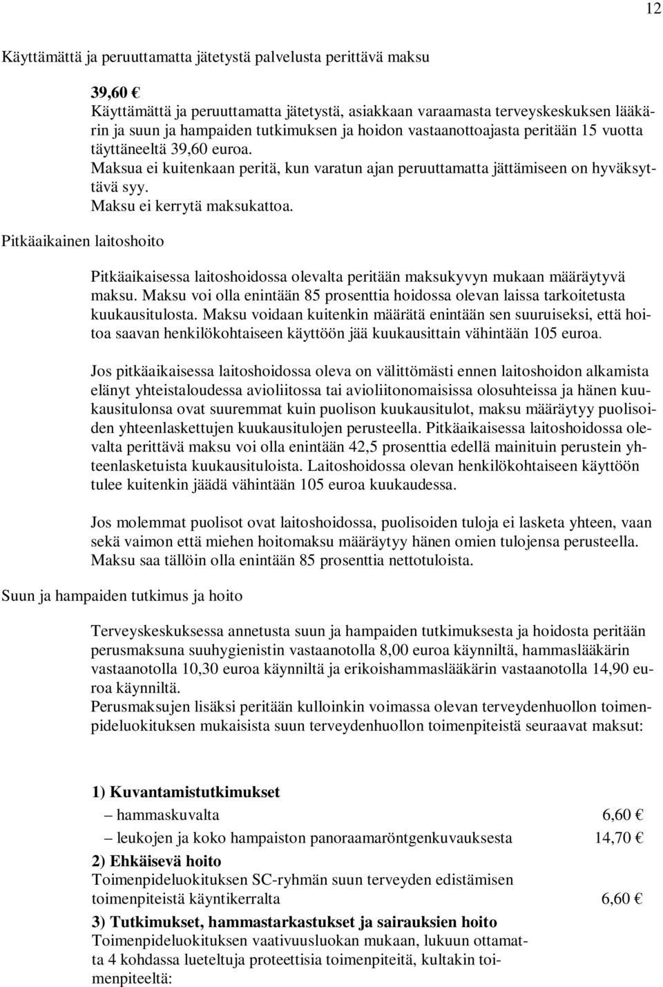 Maksu ei kerrytä maksukattoa. Pitkäaikaisessa laitoshoidossa olevalta peritään maksukyvyn mukaan määräytyvä maksu.