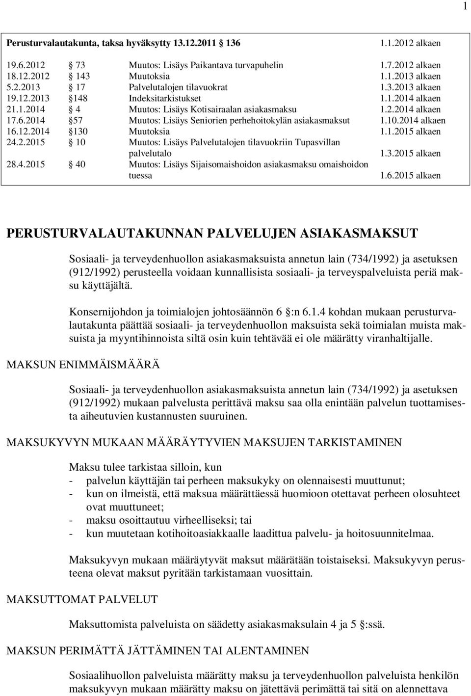 2014 57 Muutos: Lisäys Seniorien perhehoitokylän asiakasmaksut 1.10.2014 alkaen 16.12.2014 130 Muutoksia 1.1.2015 alkaen 24.2.2015 10 Muutos: Lisäys Palvelutalojen tilavuokriin Tupasvillan palvelutalo 1.