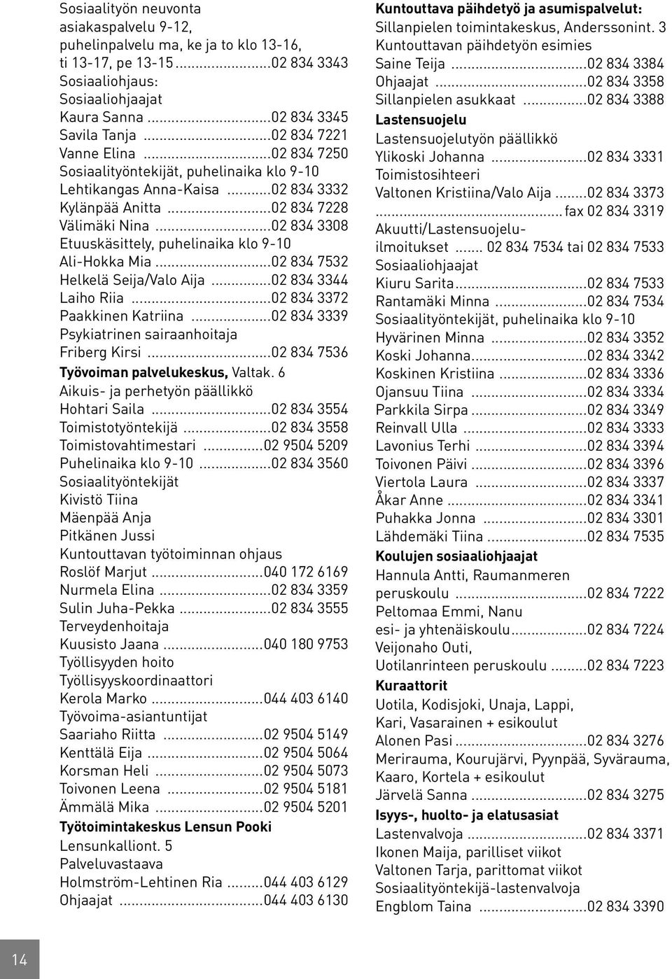..02 834 3308 Etuuskäsittely, puhelinaika klo 9-10 Ali-Hokka Mia...02 834 7532 Helkelä Seija/Valo Aija...02 834 3344 Laiho Riia...02 834 3372 Paakkinen Katriina.