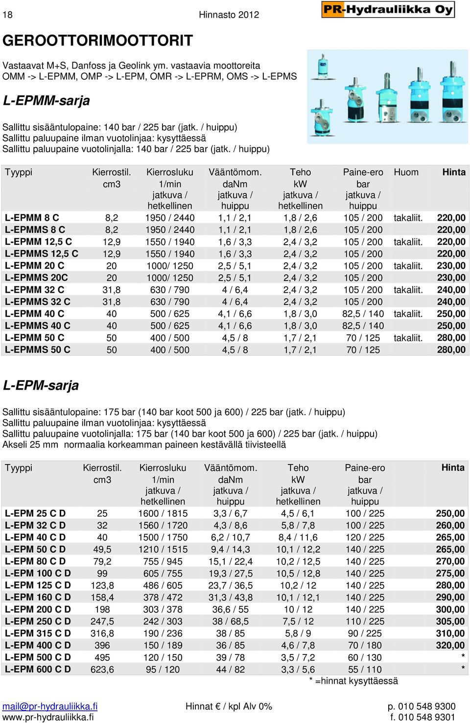 / huippu) Sallittu paluupaine ilman vuotolinjaa: kysyttäessä Sallittu paluupaine vuotolinjalla: 140 bar / 225 bar (jatk. / huippu) Tyyppi Kierrostil. Kierrosluku Vääntömom.