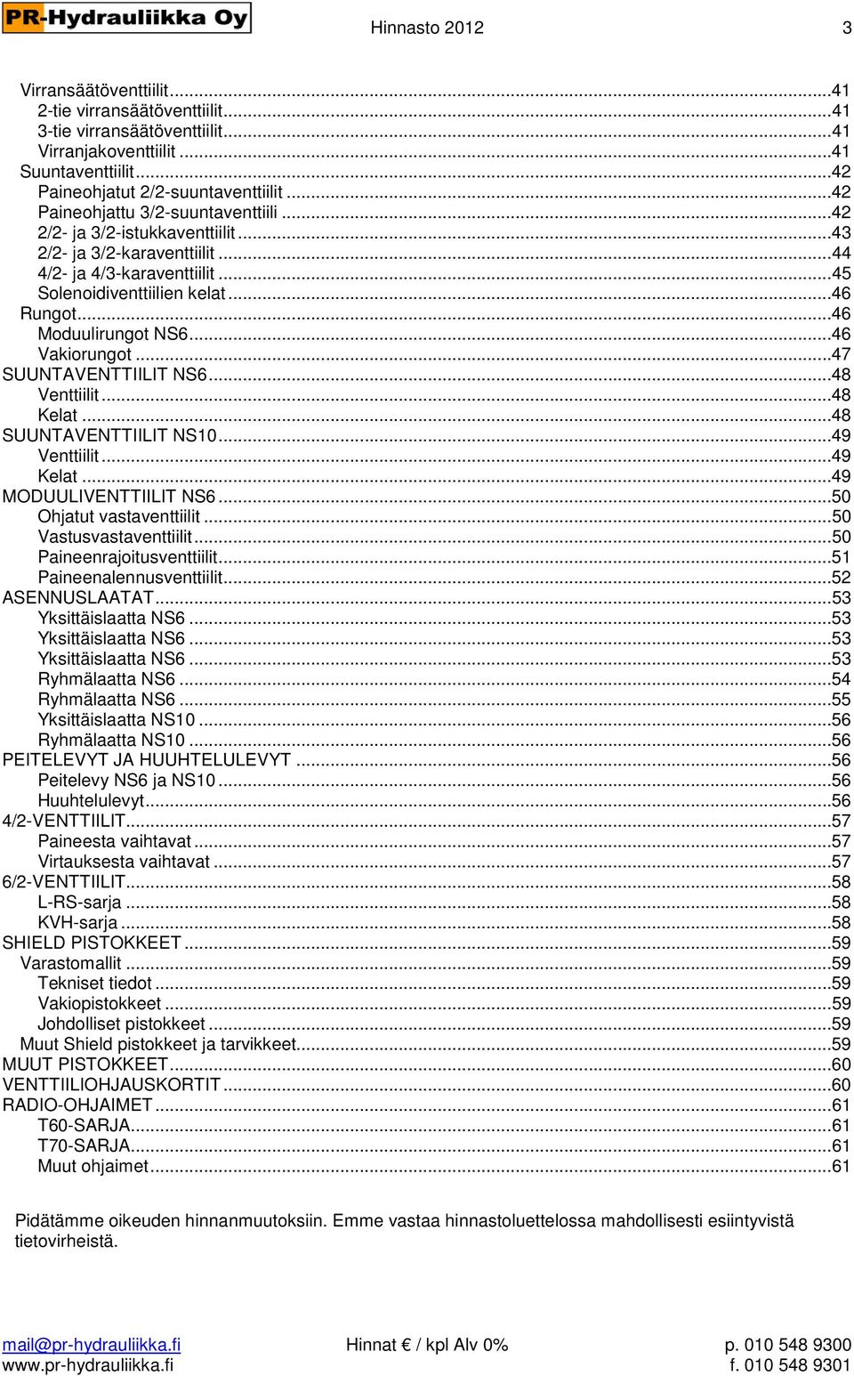 ..46 Moduulirungot NS6...46 Vakiorungot...47 SUUNTAVENTTIILIT NS6...48 Venttiilit...48 Kelat...48 SUUNTAVENTTIILIT NS10...49 Venttiilit...49 Kelat...49 MODUULIVENTTIILIT NS6.