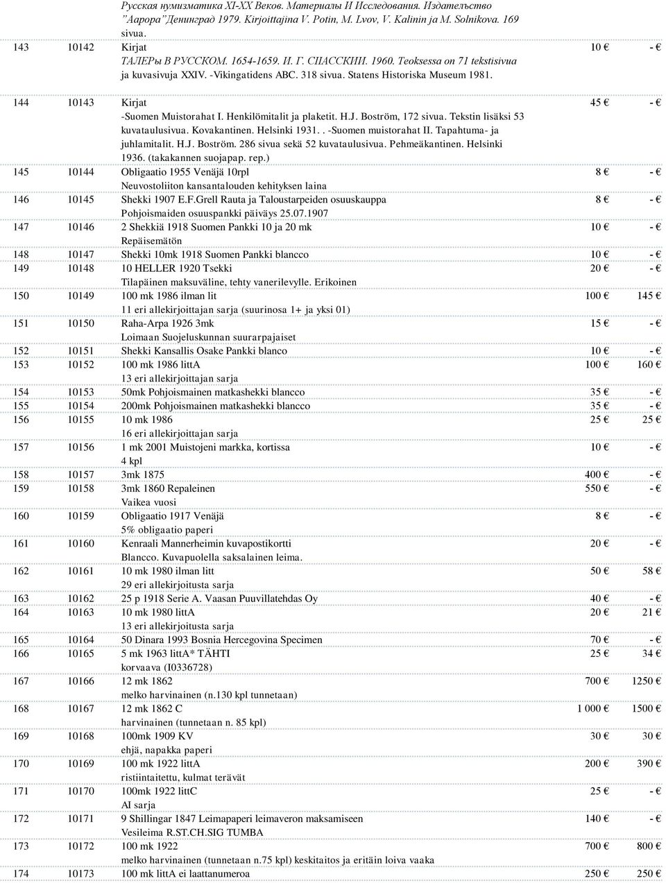 144 145 146 147 10143 10144 10145 10146 Kirjat -Suomen Muistorahat I. Henkilömitalit ja plaketit. H.J. Boström, 172 sivua. Tekstin lisäksi 53 kuvataulusivua. Kovakantinen. Helsinki 1931.