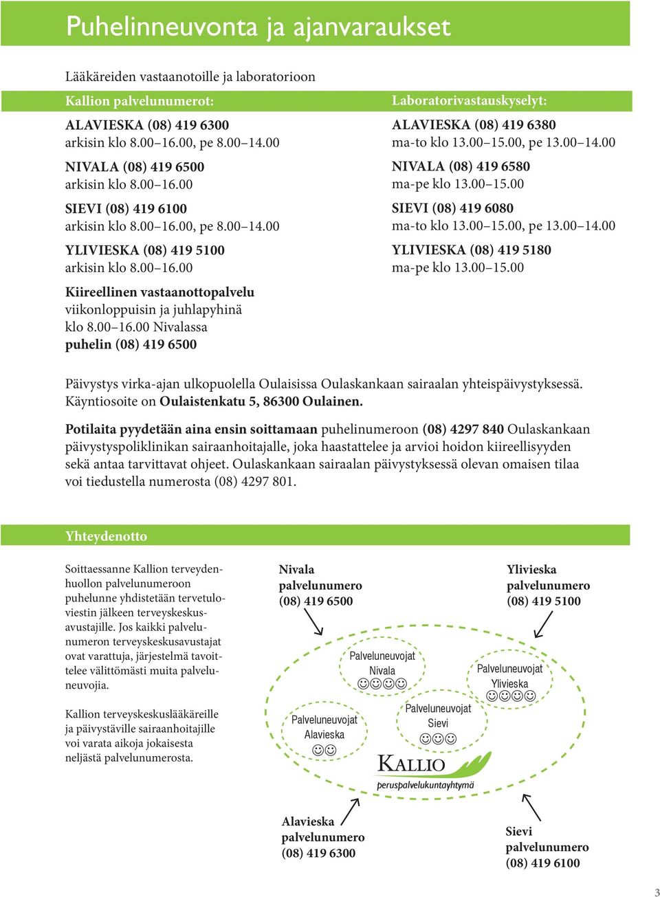 00 15.00, pe 13.00 14.00 NIVALA (08) 419 6580 ma-pe klo 13.00 15.00 SIEVI (08) 419 6080 ma-to klo 13.00 15.00, pe 13.00 14.00 YLIVIESKA (08) 419 5180 ma-pe klo 13.00 15.00 Päivystys virka-ajan ulkopuolella Oulaisissa Oulaskankaan sairaalan yhteispäivystyksessä.