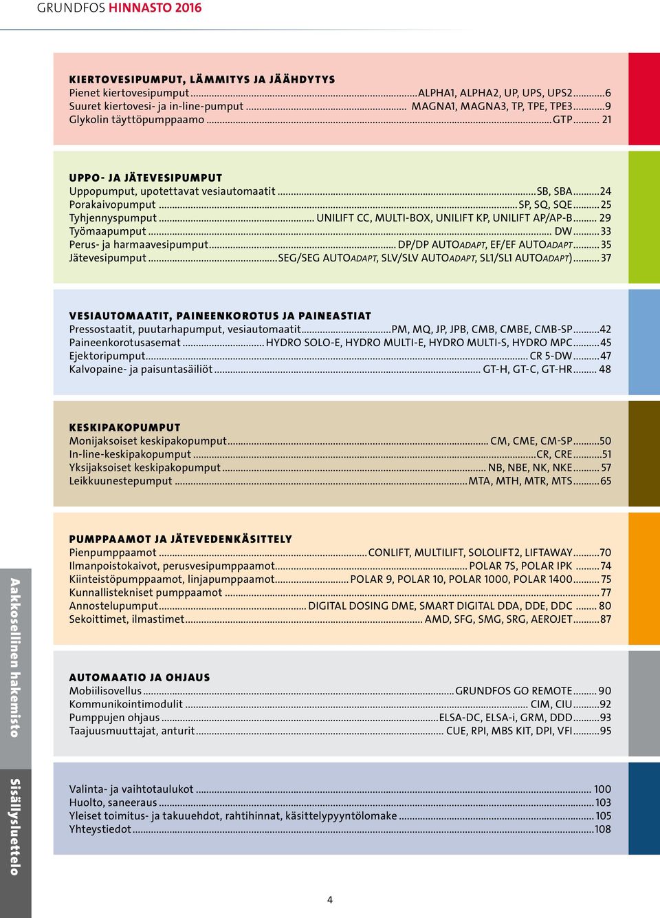 .. 29 Työmaapumput... DW...33 Perus- ja harmaavesipumput... DP/DP AUTOADAPT, EF/EF AUTOADAPT... 35 Jätevesipumput...SEG/SEG AUTOADAPT, SLV/SLV AUTOADAPT, SL1/SL1 AUTOADAPT).