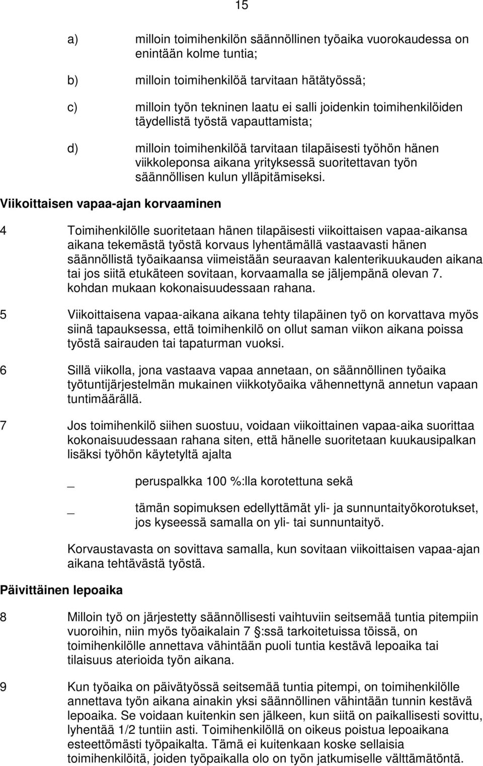 Viikoittaisen vapaa-ajan korvaaminen 4 Toimihenkilölle suoritetaan hänen tilapäisesti viikoittaisen vapaa-aikansa aikana tekemästä työstä korvaus lyhentämällä vastaavasti hänen säännöllistä