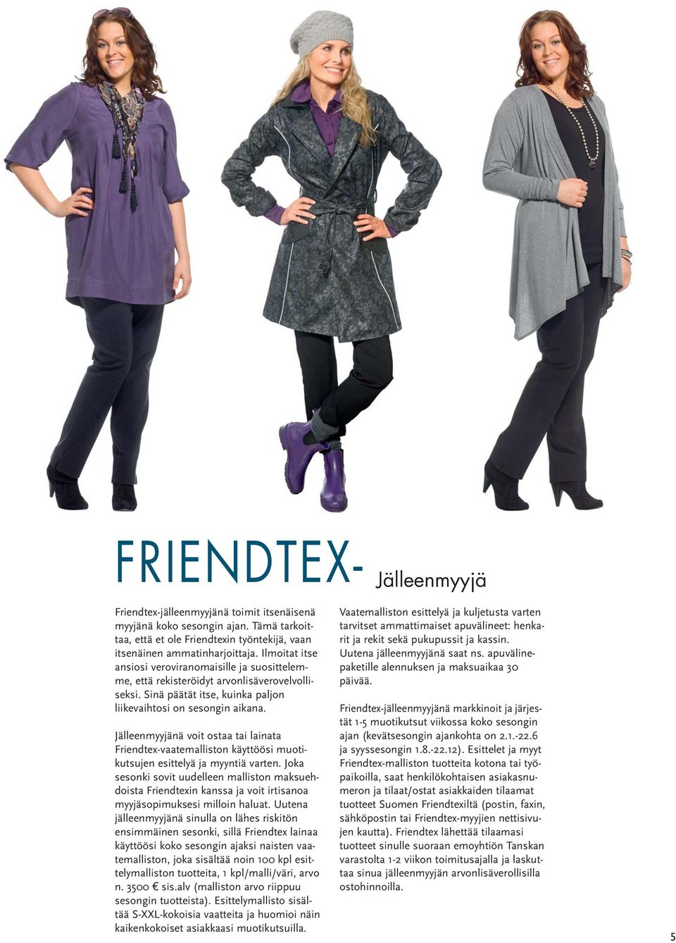 Jälleenmyyjänä voit ostaa tai lainata Friendtex-vaatemalliston käyttöösi muotikutsujen esittelyä ja myyntiä varten.