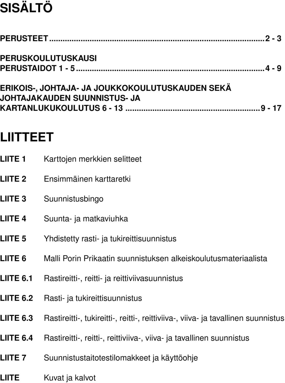 4 LIITE 7 LIITE Karttojen merkkien selitteet Ensimmäinen karttaretki Suunnistusbingo Suunta- ja matkaviuhka Yhdistetty rasti- ja tukireittisuunnistus Malli Porin Prikaatin suunnistuksen