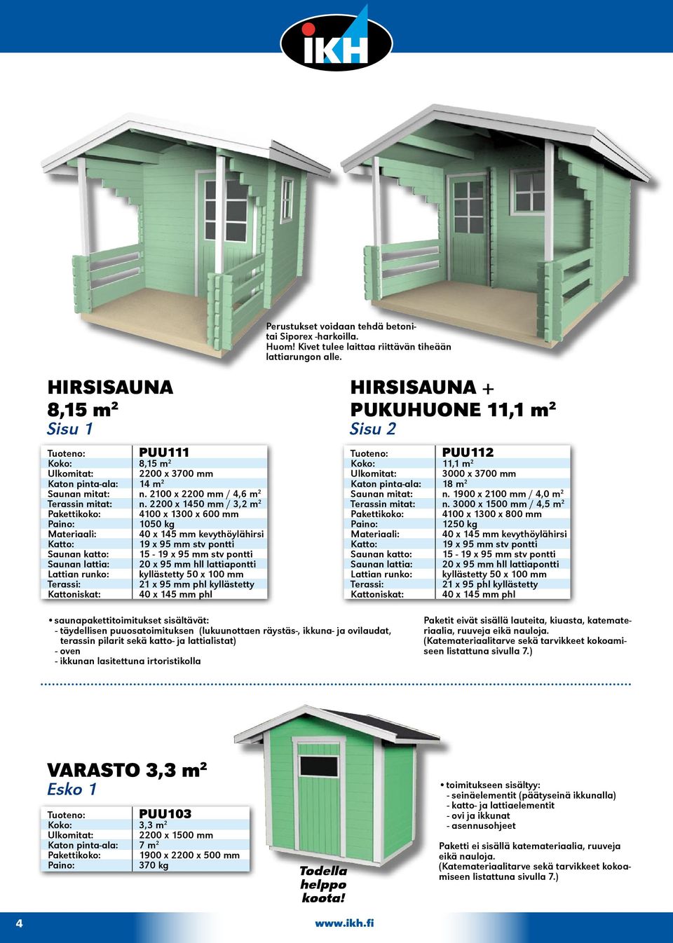 2200 x 1450 mm / 3,2 m 2 Pakettikoko: 4100 x 1300 x 600 mm 1050 kg Materiaali: 40 x 145 mm kevythöylähirsi Katto: 19 x 95 mm stv pontti Saunan katto: 15-19 x 95 mm stv pontti Saunan lattia: 20 x 95