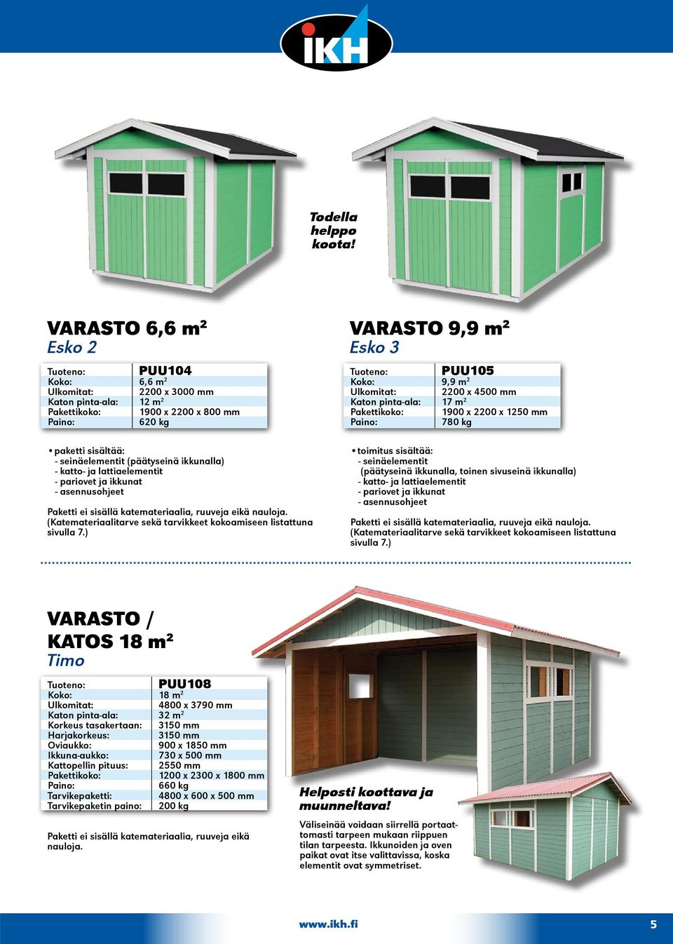 katto- ja lattiaelementit - pariovet ja ikkunat - asennusohjeet Paketti ei sisällä katemateriaalia, ruuveja eikä nauloja. (Katemateriaalitarve sekä tarvikkeet kokoamiseen listattuna sivulla 7.