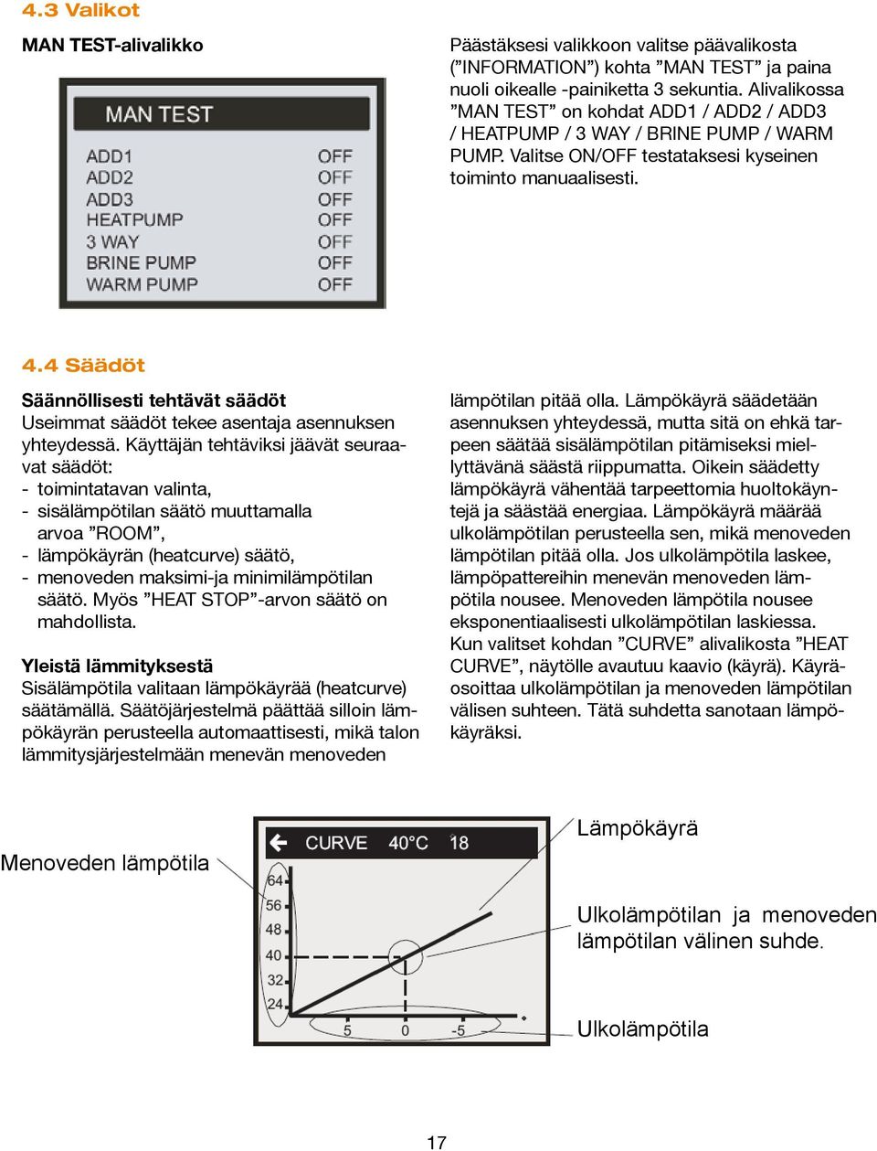 Alivalikossa MAN / HEATPUMP TEST on / 3 kohdat WAY / BRINE ADD1 PUMP / ADD2 / WARM / ADD3 / HEATPUMP / 3 WAY / BRINE PUMP / WARM PUMP.