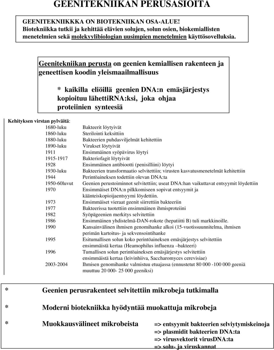 Geenitekniikan perusta on geenien kemiallisen rakenteen ja geneettisen koodin yleismaailmallisuus * kaikilla eliöillä geenien DNA:n emäsjärjestys kopioituu lähettirna:ksi, joka ohjaa proteiinien