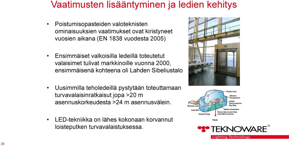 2000, ensimmäisenä kohteena oli Lahden Sibeliustalo Uusimmilla teholedeillä pystytään toteuttamaan turvavalaisinratkaisut