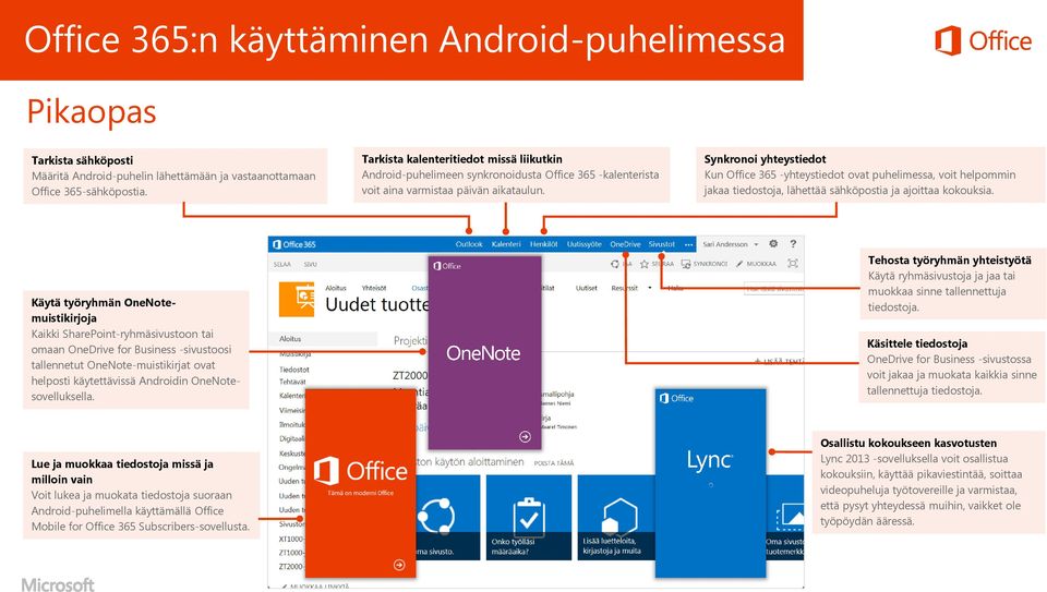 Synkronoi yhteystiedot Kun Office 365 -yhteystiedot ovat puhelimessa, voit helpommin jakaa tiedostoja, lähettää sähköpostia ja ajoittaa kokouksia.