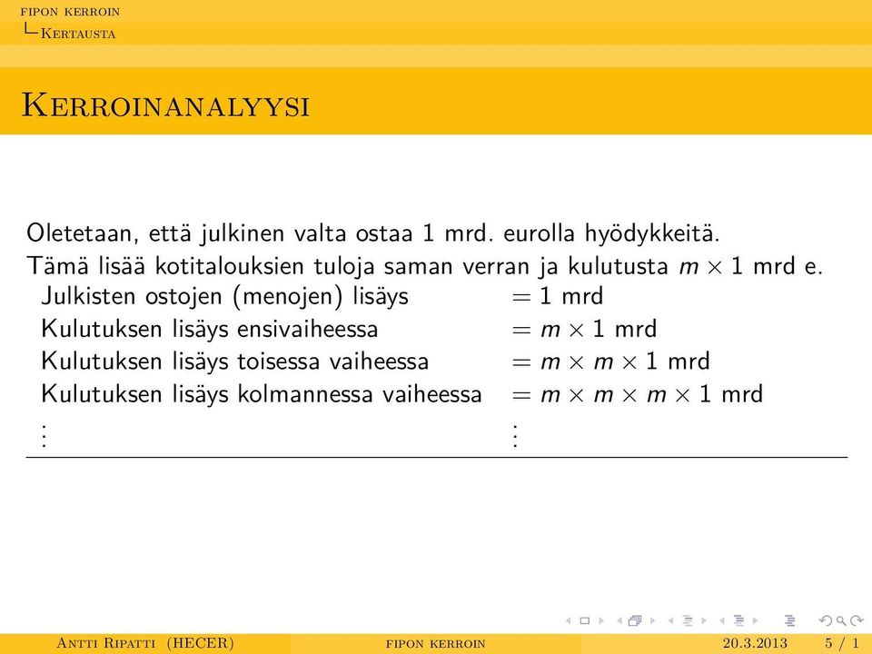 Julkisten ostojen (menojen) lisäys = 1 mrd Kulutuksen lisäys ensivaiheessa = m 1 mrd Kulutuksen