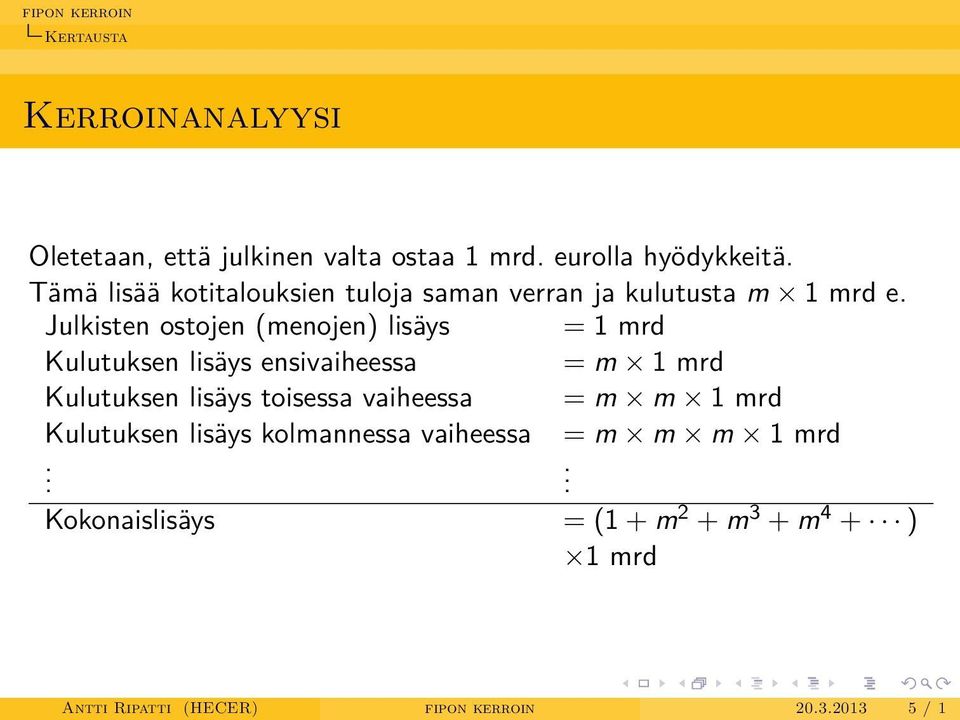 Julkisten ostojen (menojen) lisäys = 1 mrd Kulutuksen lisäys ensivaiheessa = m 1 mrd Kulutuksen lisäys toisessa