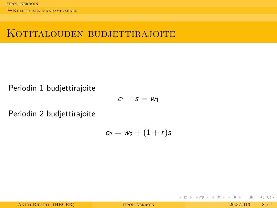 s = w 1 Periodin 2 budjettirajoite c 2 = w 2 +