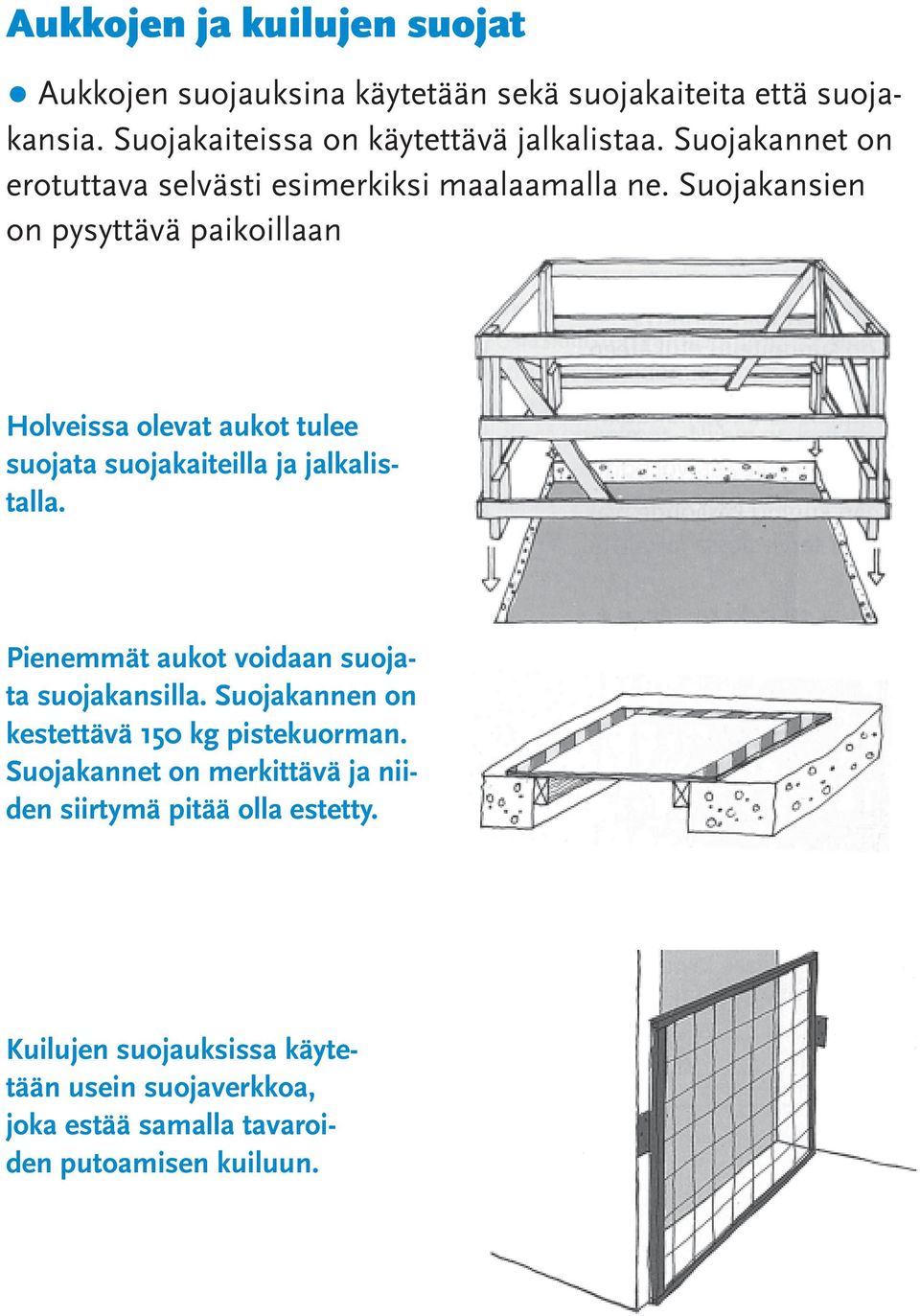 Suojakansien on pysyttävä paikoillaan Holveissa olevat aukot tulee suojata suojakaiteilla ja jalkalistalla.