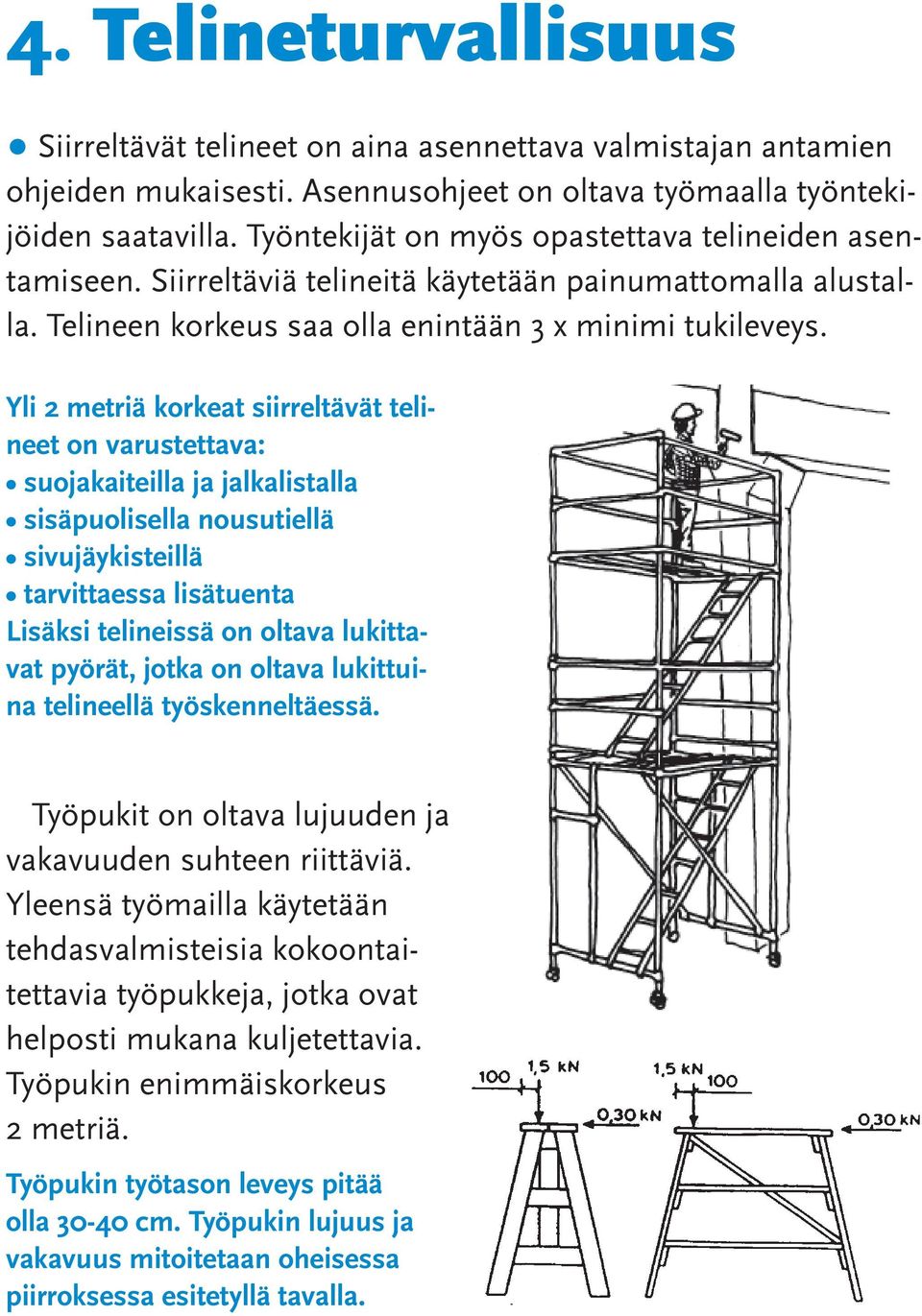 Yli 2 metriä korkeat siirreltävät telineet on varustettava: suojakaiteilla ja jalkalistalla sisäpuolisella nousutiellä sivujäykisteillä tarvittaessa lisätuenta Lisäksi telineissä on oltava lukittavat