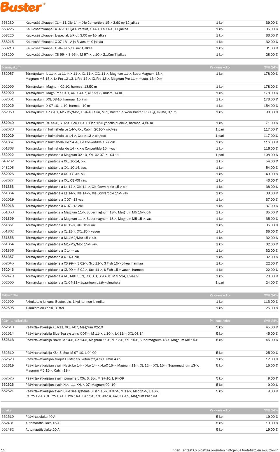 553200 Kaukosäätökaapeli XS 99->, S 96->, M 97->, L 10-> 2,10m/7 jalkaa 1 kpl 28,00 Törmäyskumi Pakkauskoko SVH 24% 552057 Törmäyskumi L 11->, Lx 11->, X 11->, XL 11->, XXL 11->, Magnum 11->,