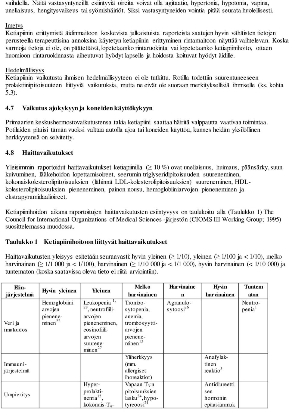 Imetys Ketiapiinin erittymistä äidinmaitoon koskevista julkaistuista raporteista saatujen hyvin vähäisten tietojen perusteella terapeuttisina annoksina käytetyn ketiapiinin erittyminen rintamaitoon