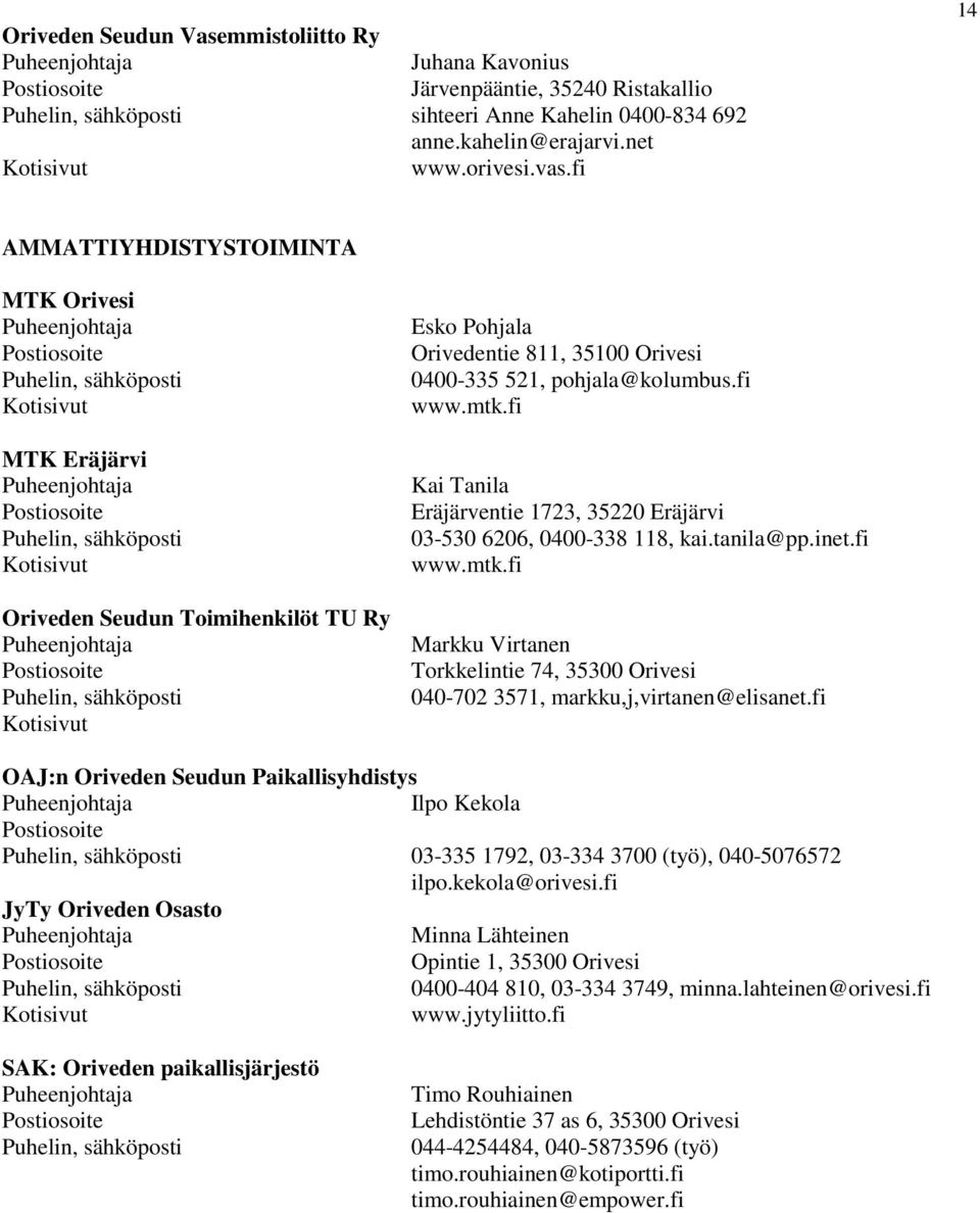 fi Kai Tanila Eräjärventie 1723, 35220 Eräjärvi 03-530 6206, 0400-338 118, kai.tanila@pp.inet.fi www.mtk.fi Markku Virtanen Torkkelintie 74, 35300 Orivesi 040-702 3571, markku,j,virtanen@elisanet.