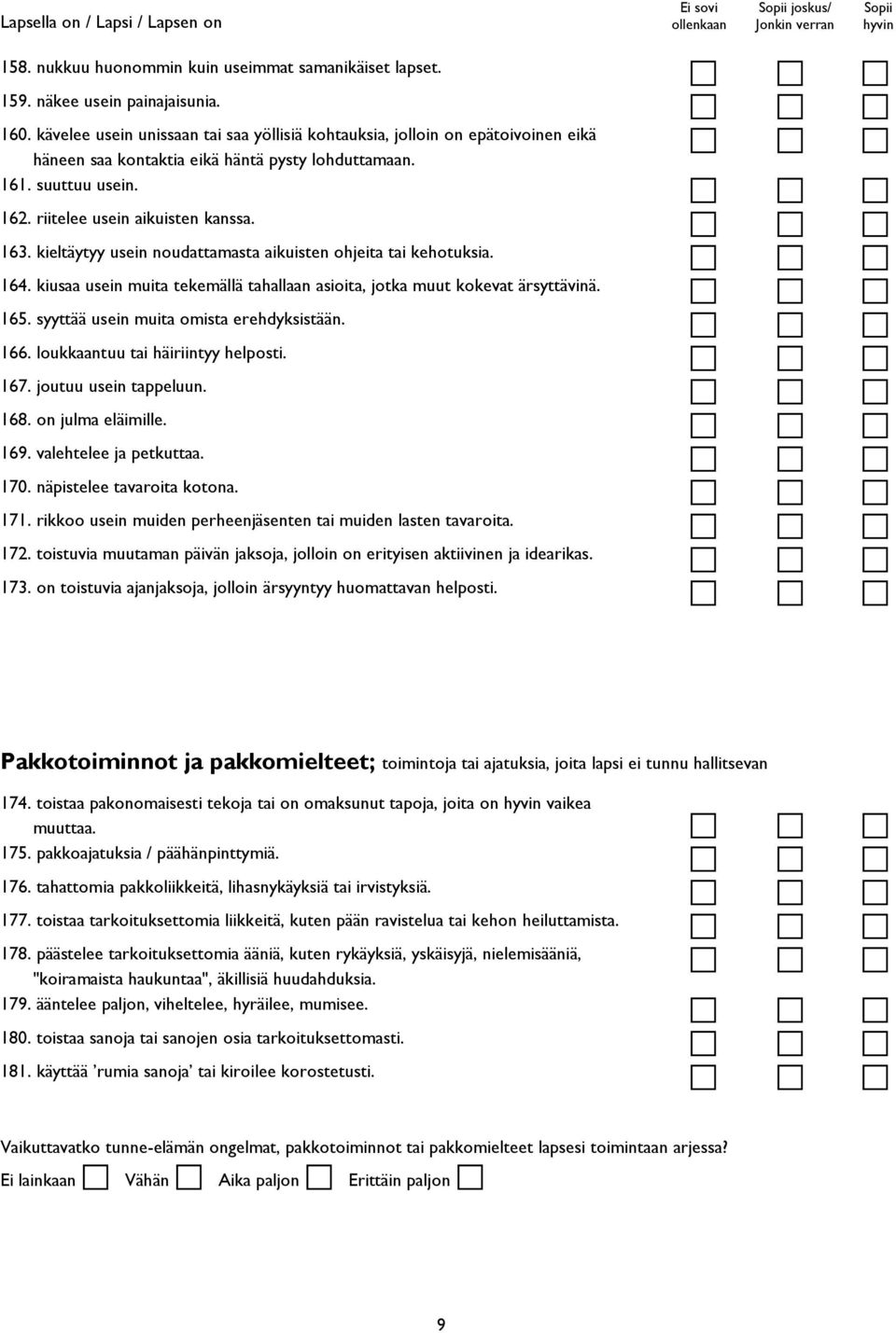 kieltäytyy usein noudattamasta aikuisten ohjeita tai kehotuksia. 164. kiusaa usein muita tekemällä tahallaan asioita, jotka muut kokevat ärsyttävinä. 165. syyttää usein muita omista erehdyksistään.