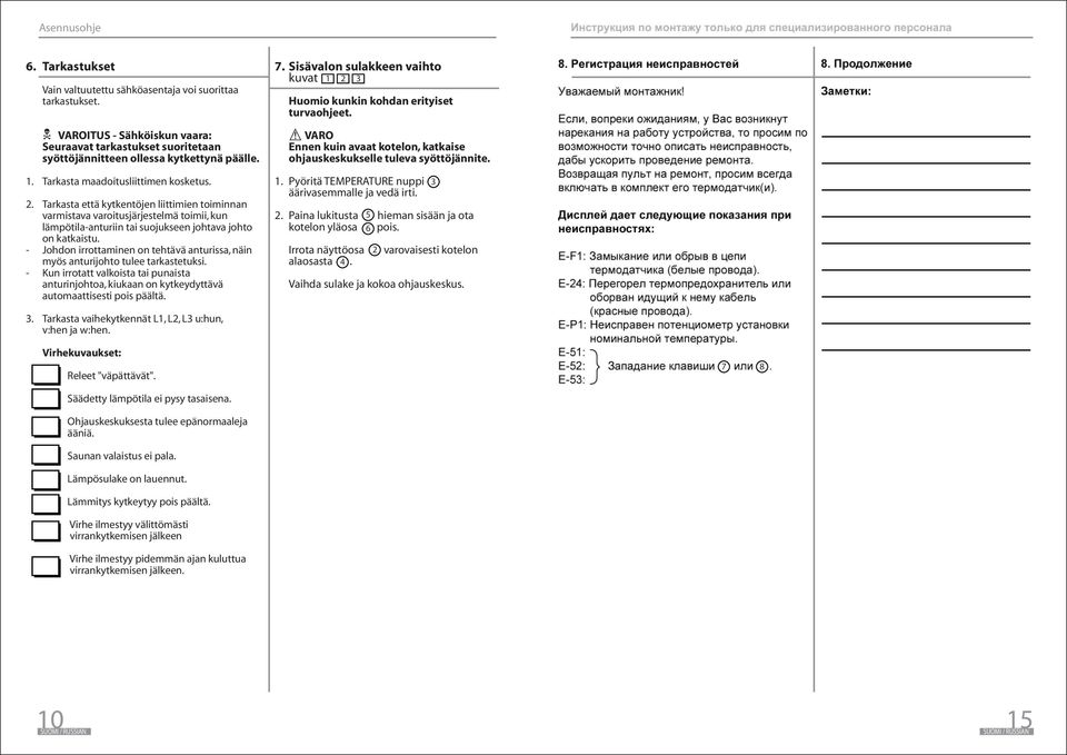 Tarkasta että kytkentöjen liittimien toiminnan varmistava varoitusjärjestelmä toimii, kun lämpötilaanturiin tai suojukseen johtava johto on katkaistu.