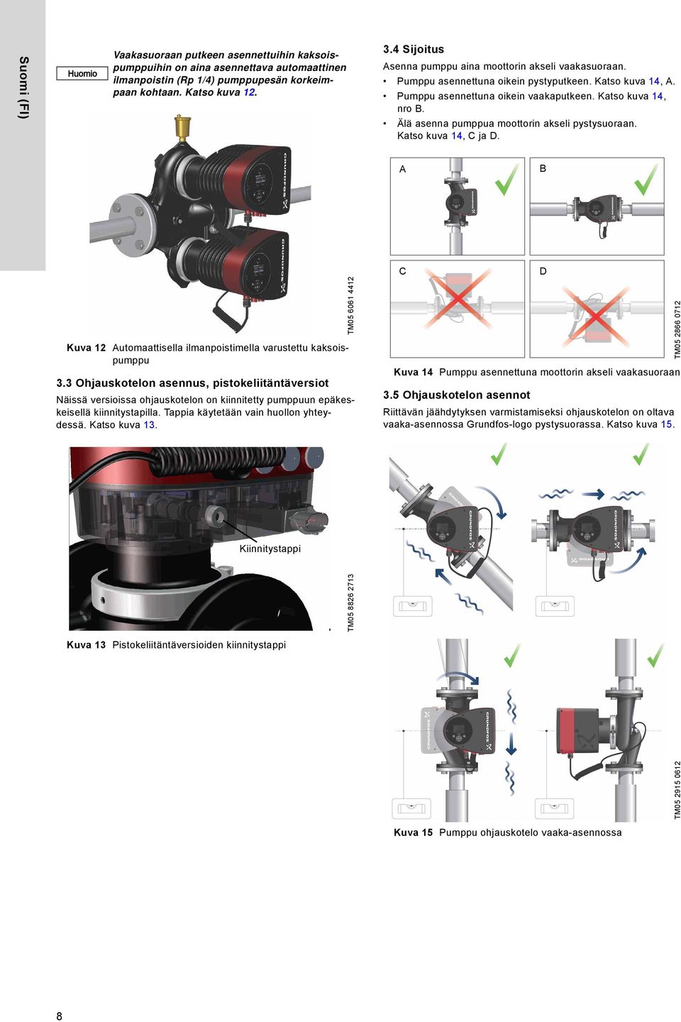 Älä asenna pumppua moottorin akseli pystysuoraan. Katso kuva 14, C ja D. A B Kuva 12 Automaattisella ilmanpoistimella varustettu kaksoispumppu 3.