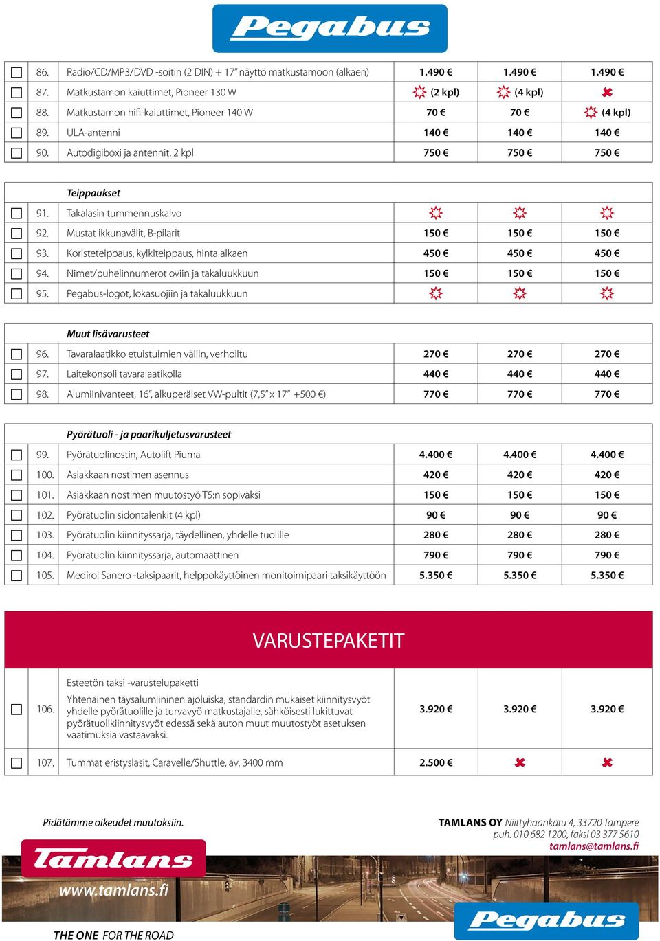 Mustat ikkunavälit, B-pilarit 150 150 150 93. Koristeteippaus, kylkiteippaus, hinta alkaen 450 450 450 94. Nimet/puhelinnumerot oviin ja takaluukkuun 150 150 150 95.