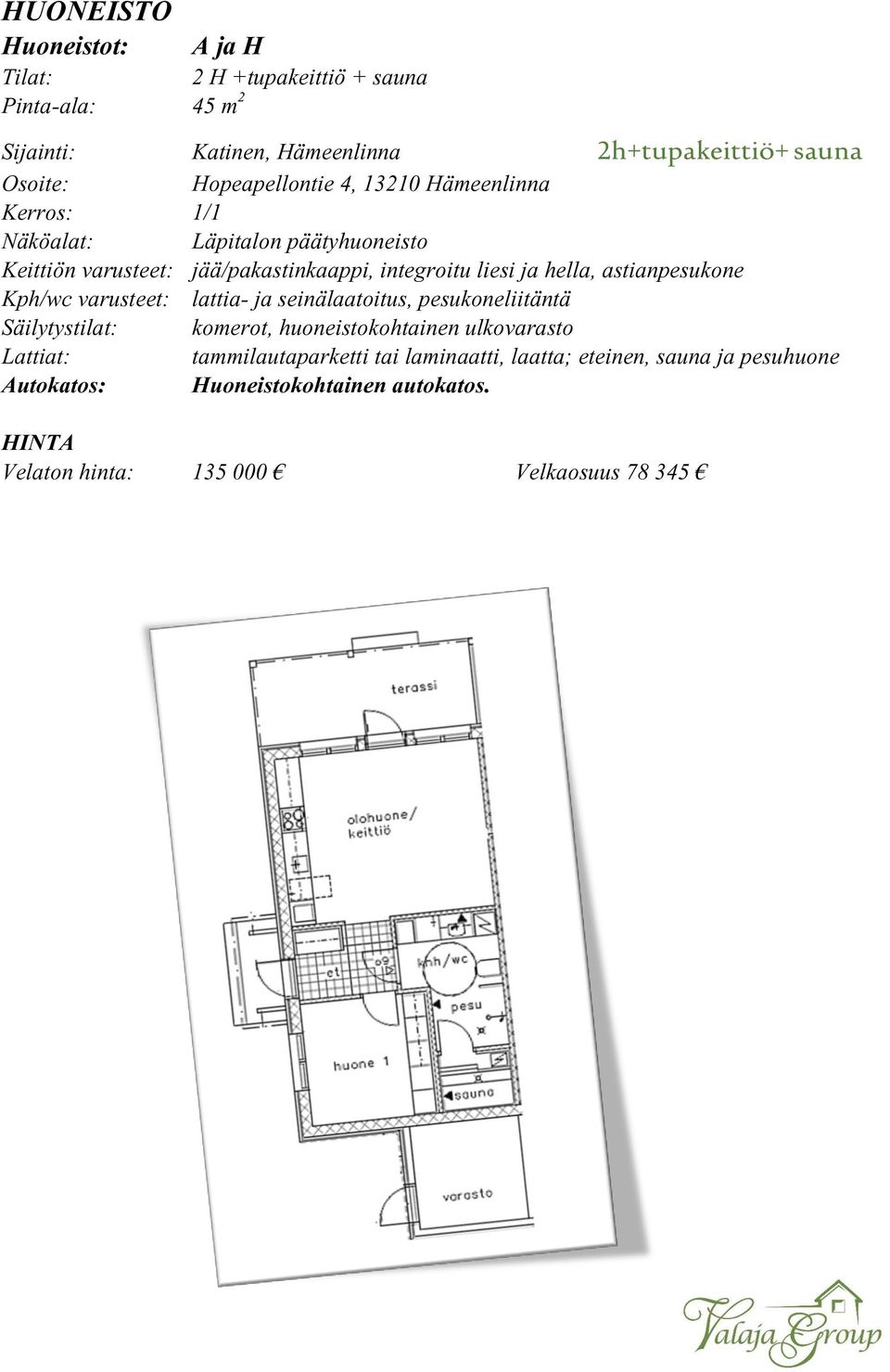 hella, astianpesukone Kph/wc varusteet: lattia- ja seinälaatoitus, pesukoneliitäntä Säilytystilat: komerot, huoneistokohtainen ulkovarasto Lattiat: