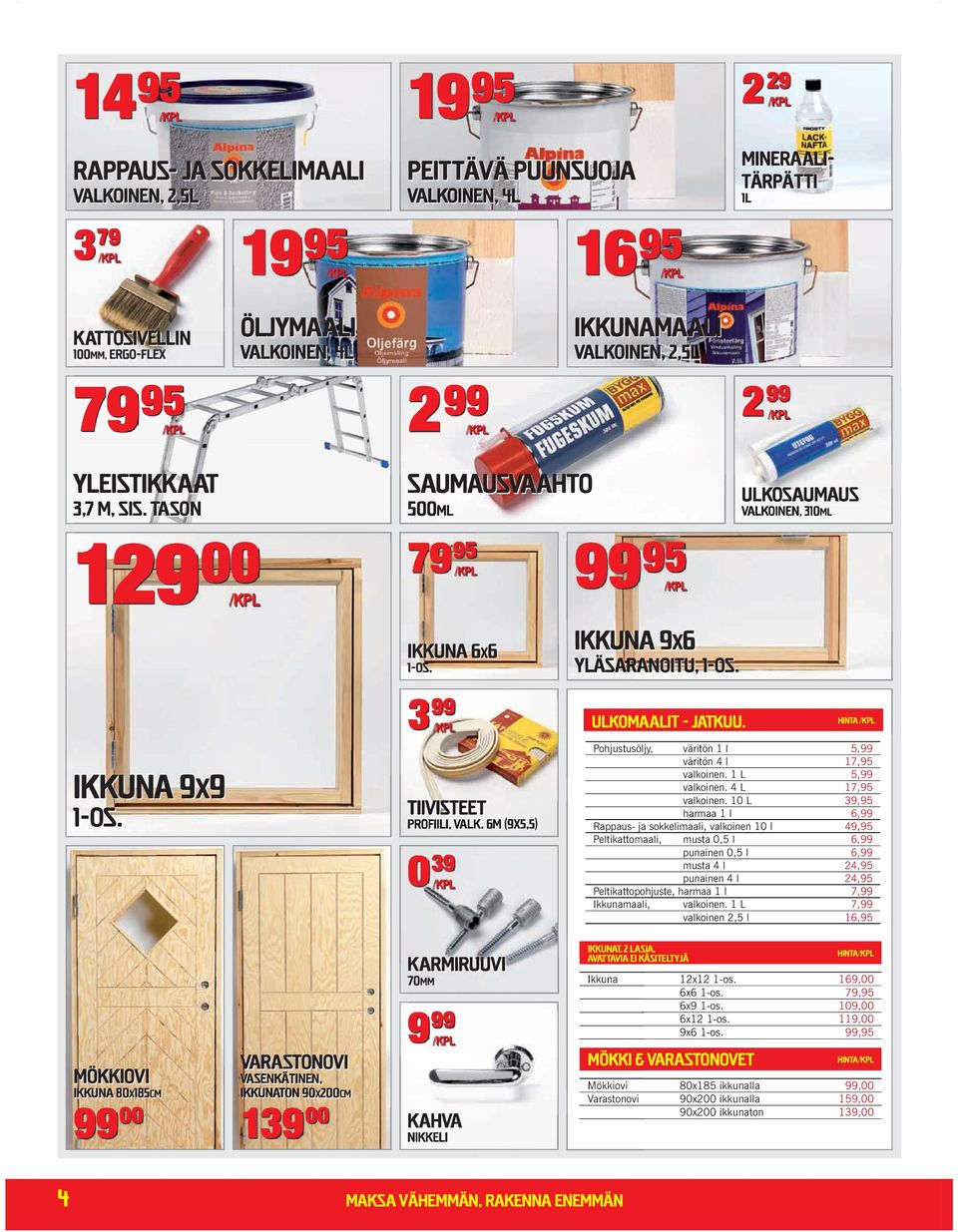 Mökkiovi ikkuna 80x185cm Varastonovi 00 9 9 00 3 99 Tiivisteet 0 39 Karmiruuvi 70mm Vasenkätinen, ikkunaton 90x200cm 139 00 Kahva Nikkeli Saumausvaahto 5 0 0 ml 79 95 00 79 Ikkuna 6x6 1-os.