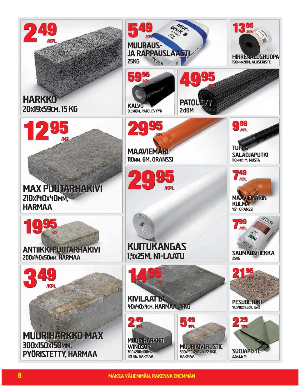 200x140x50mm, Harmaa 49 3 Kuitukangas 1,4x25m, N1-laatu SAUMAUSHIEKKA 1495 2195 25KG 2 2 Kivilaatta 40x40x4cm, Harmaa, 14kg 2 49 5 49 Muuriharkko Windsor Muurikivi Rustic