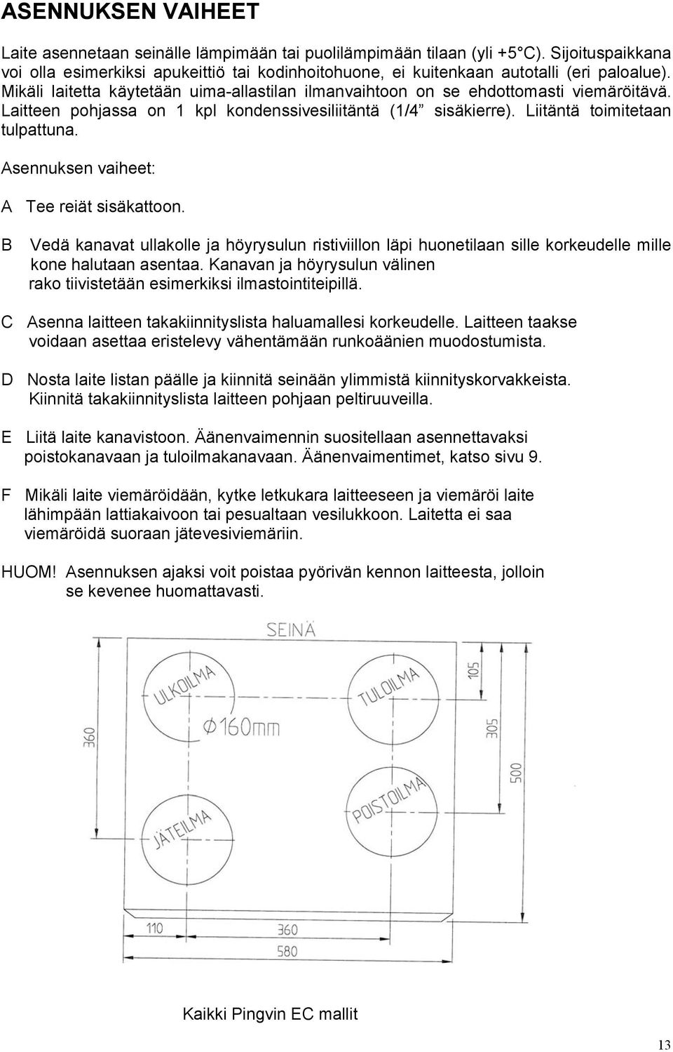 Laitteen pohjassa on 1 kpl kondenssivesiliitäntä (1/4 sisäkierre). Liitäntä toimitetaan tulpattuna. Asennuksen vaiheet: A Tee reiät sisäkattoon.