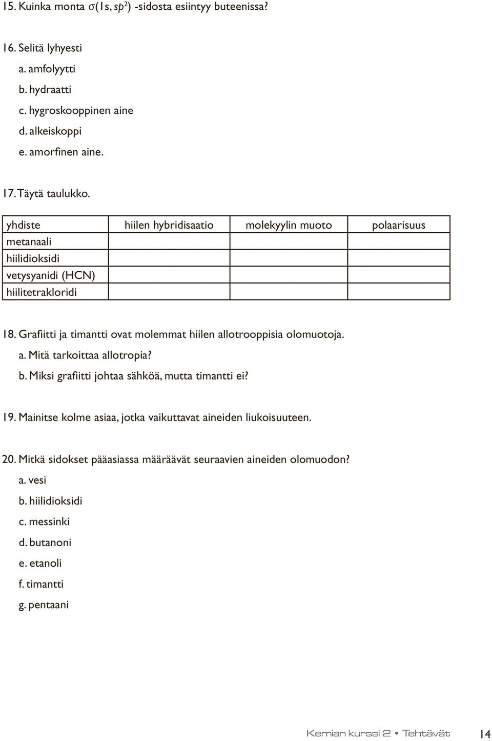 Grafiitti ja timantti ovat molemmat hiilen allotrooppisia olomuotoja. a. Mitä tarkoittaa allotropia? b. Miksi grafiitti johtaa sähköä, mutta timantti ei? 19.