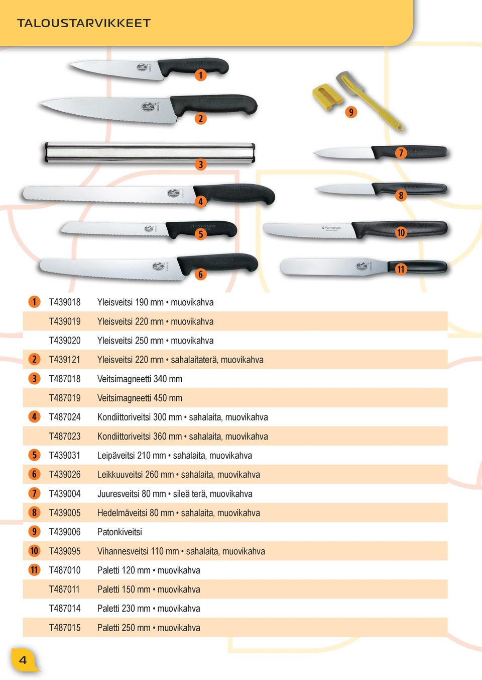 muovikahva Kondiittoriveitsi 360 mm sahalaita, muovikahva Leipäveitsi 210 mm sahalaita, muovikahva Leikkuuveitsi 260 mm sahalaita, muovikahva Juuresveitsi 80 mm sileä terä, muovikahva