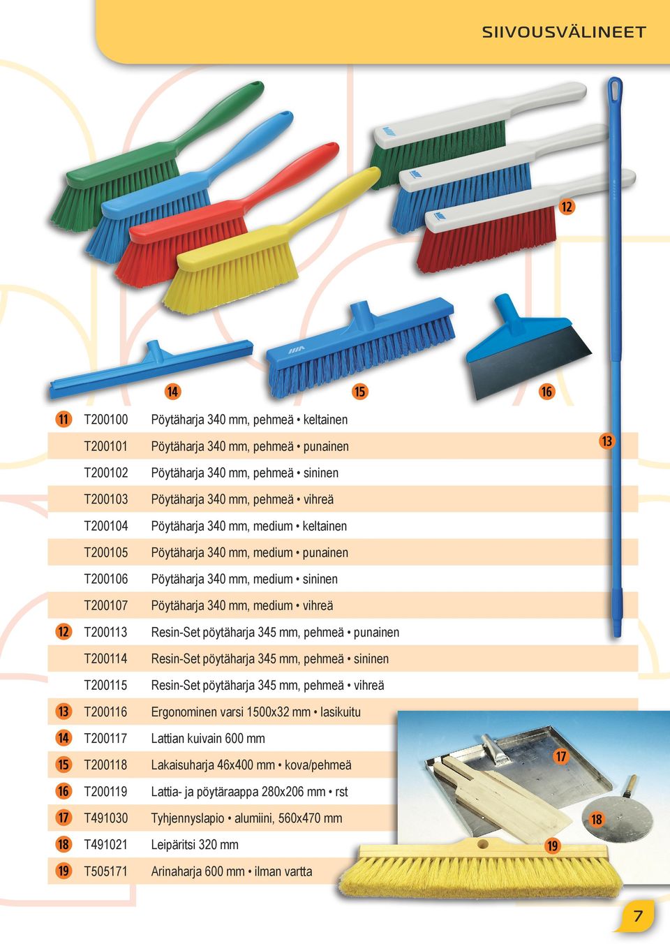 pehmeä punainen T200114 Resin-Set pöytäharja 345 mm, pehmeä sininen T200115 Resin-Set pöytäharja 345 mm, pehmeä vihreä T200116 Ergonominen varsi 1500x32 mm lasikuitu T200117 Lattian kuivain 600 mm