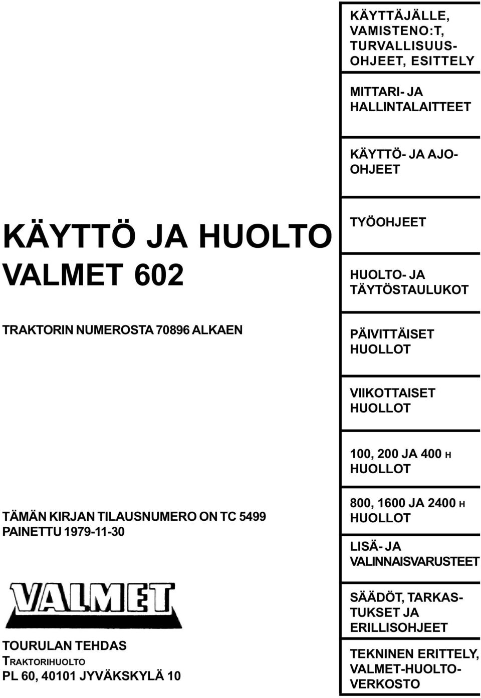 JA 400 H HUOLLOT TÄMÄN KIRJAN TILAUSNUMERO ON TC 5499 PAINETTU 1979-11-30 800, 1600 JA 2400 H HUOLLOT LISÄ- JA VALINNAISVARUSTEET