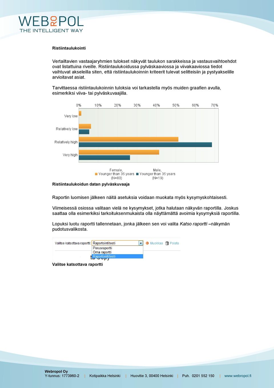 Tarvittaessa ristiintaulukoinnin tuloksia voi tarkastella myös muiden graafien avulla, esimerkiksi viiva- tai pylväskuvaajilla.