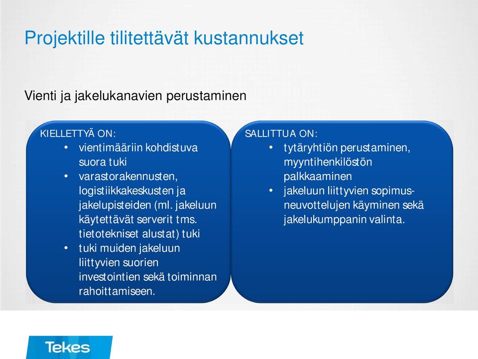 tietotekniset alustat) tuki tuki muiden jakeluun liittyvien suorien investointien sekä toiminnan rahoittamiseen.