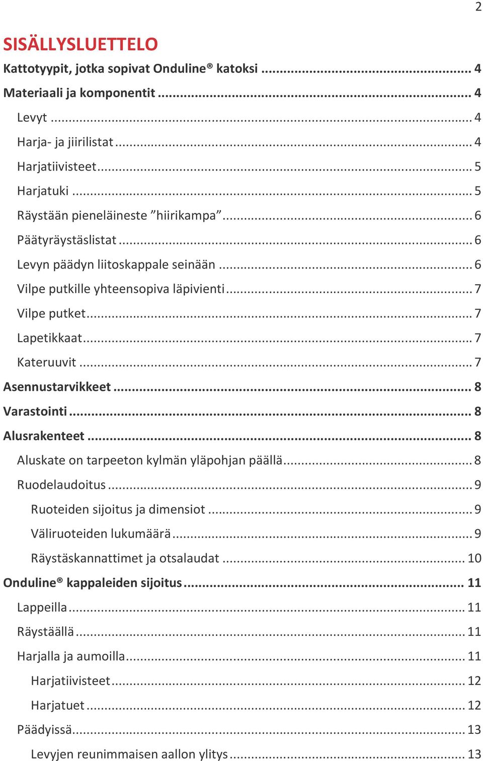 .. 7 Asennustarvikkeet... 8 Varastointi... 8 Alusrakenteet... 8 Aluskate on tarpeeton kylmän yläpohjan päällä... 8 Ruodelaudoitus... 9 Ruoteiden sijoitus ja dimensiot... 9 Väliruoteiden lukumäärä.