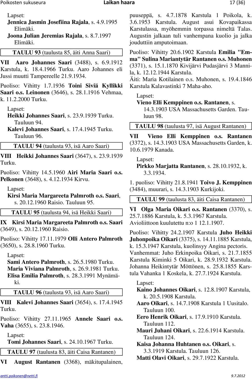 1936 Toini Siviä Kyllikki Saari o.s. Leinonen (3646), s. 28.1.1916 Vehmaa, k. 11.2.2000 Turku. Heikki Johannes Saari, s. 23.9.1939 Turku. Tauluun 94. Kalevi Johannes Saari, s. 17.4.1945 Turku.